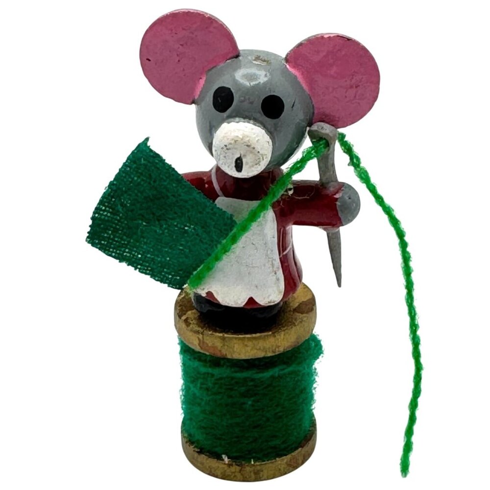 Vintage Wood Mouse Ornament Seamstress Decor On Spool Mid-Century Hand-Painted